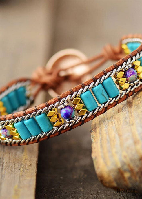 Boho Bracelet, Leather Wrap Bracelet, Weave Bracelet, Turquoises Chain